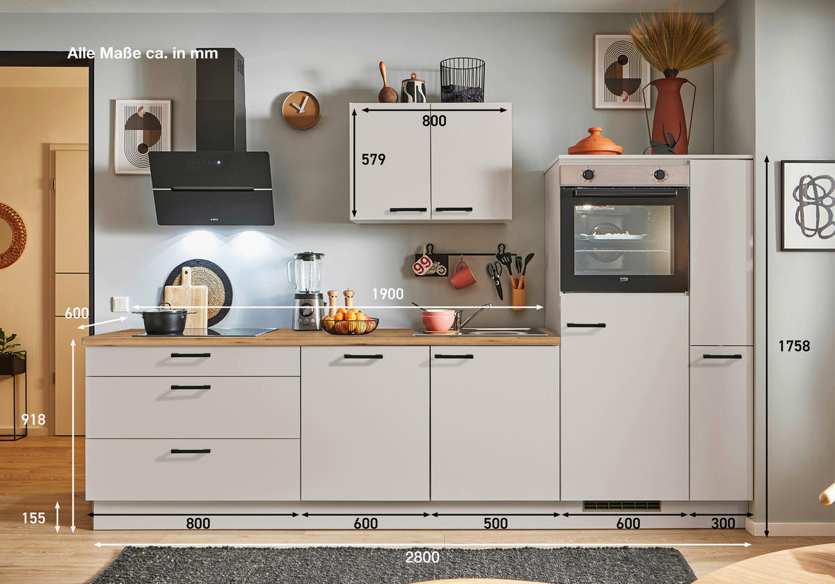 KÜCHENBLOCK PN 80 280 cm  in Eichefarben, Kaschmir  - Kaschmir/Eichefarben, Design, Holzwerkstoff/Metall (280cm) - Pino