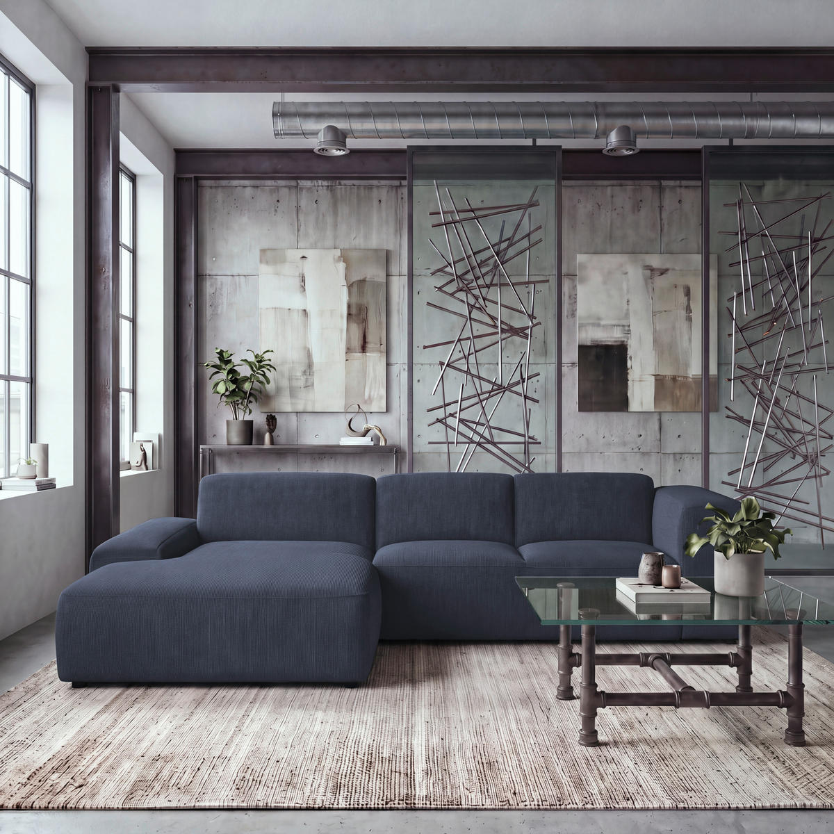 ECKSOFA HANNAH Blau Cord  - Blau/Schwarz, Design, Kunststoff/Textil (200/304cm) - MID.YOU