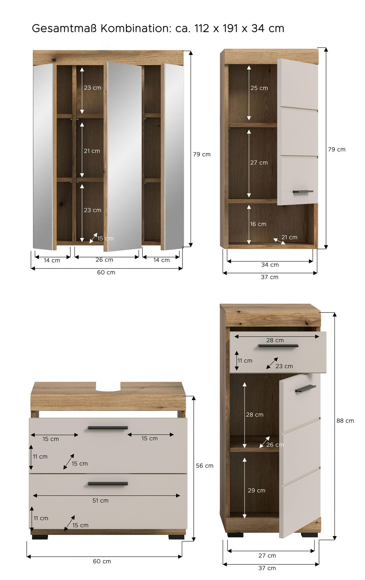BADEZIMMER 4-teilig  in 97 cm  - Kaschmir/Schwarz, MODERN, Glas/Holzwerkstoff (97cm) - MID.YOU