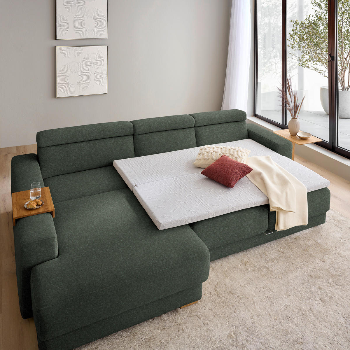 ECKSOFA  in Chenille Dunkelgrün  206/316 cm  - Dunkelgrün/Eichefarben, Design, Textil (206/316cm) - Sedda