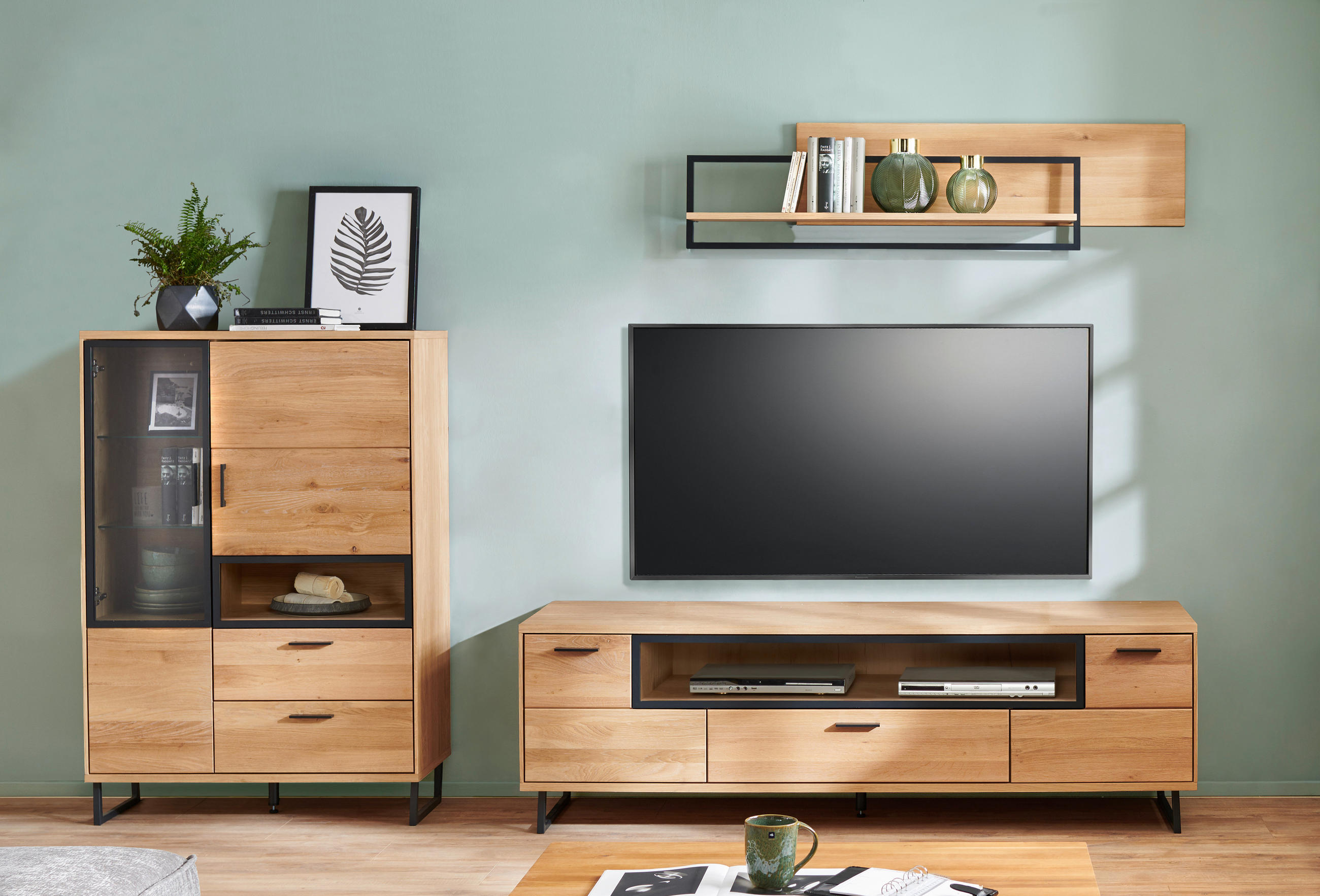 WOHNWAND 3-teilig  Eichefarben, Dunkelgrau 290/177/50,2 cm  - Dunkelgrau/Eichefarben, Konventionell, Glas/Holz (290/177/50,2cm) - Cantus