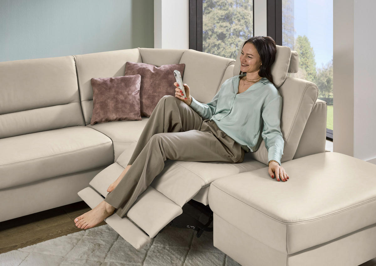 ECKSOFA  in Echtleder Ecru  290/249 cm  - Ecru/Schwarz, KONVENTIONELL, Leder/Metall (290/249cm) - Beldomo Premium