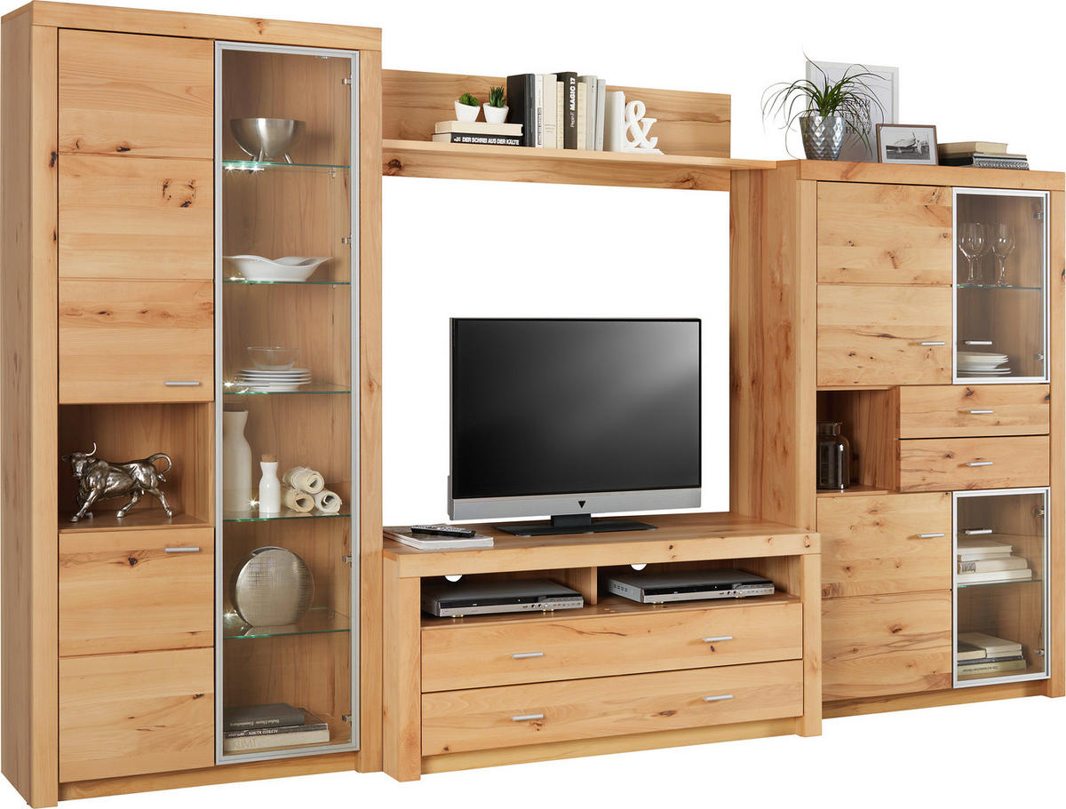 WOHNWAND 4-teilig  Buchefarben 322/196/50 cm    - Buchefarben/Alufarben, Konventionell, Glas/Holz (322/196/50cm) - Cantus