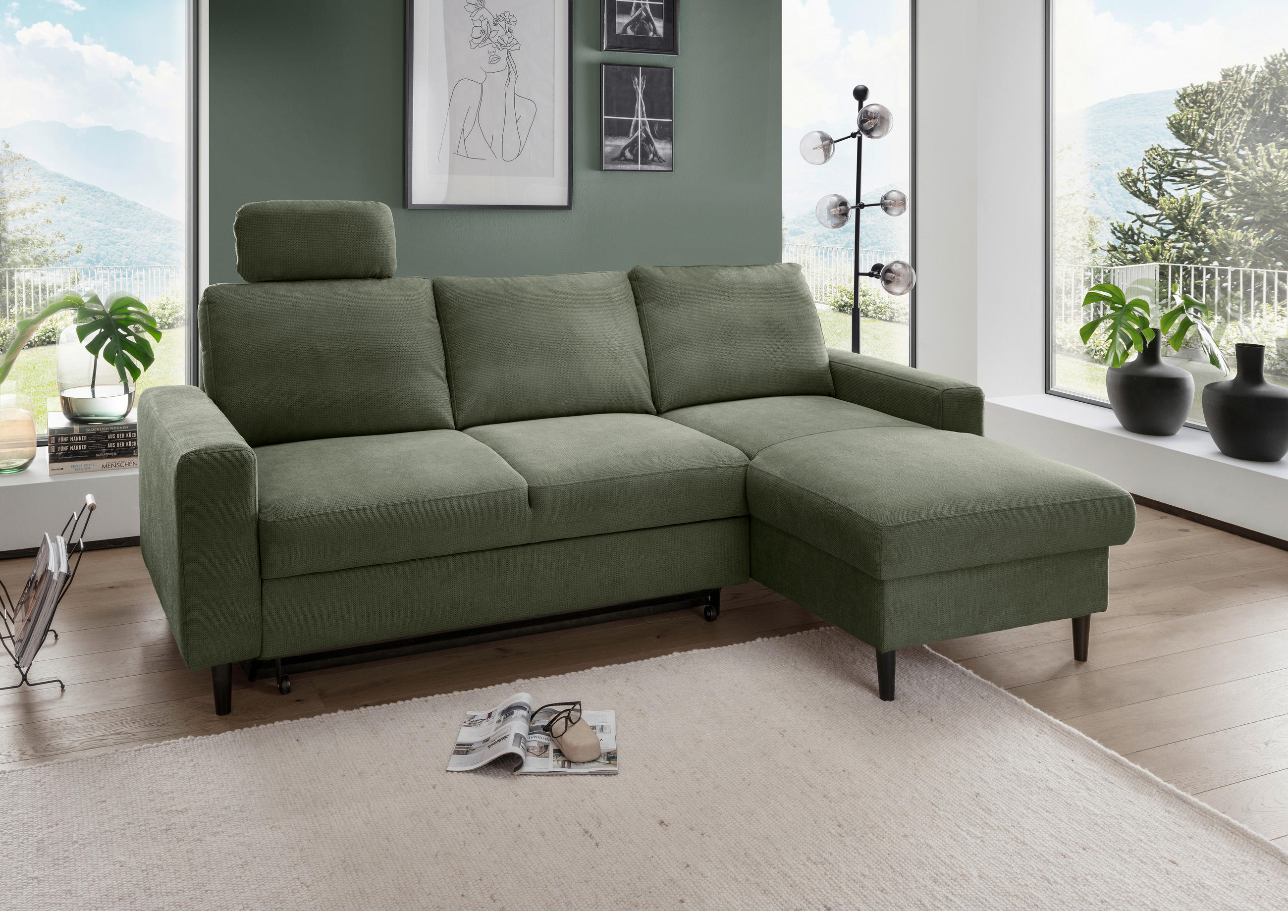 ECKSCHLAFSOFA in Chenille Dunkelgrün  - Dunkelgrün/Schwarz, Modern, Holz/Textil (234/147cm) - Livetastic