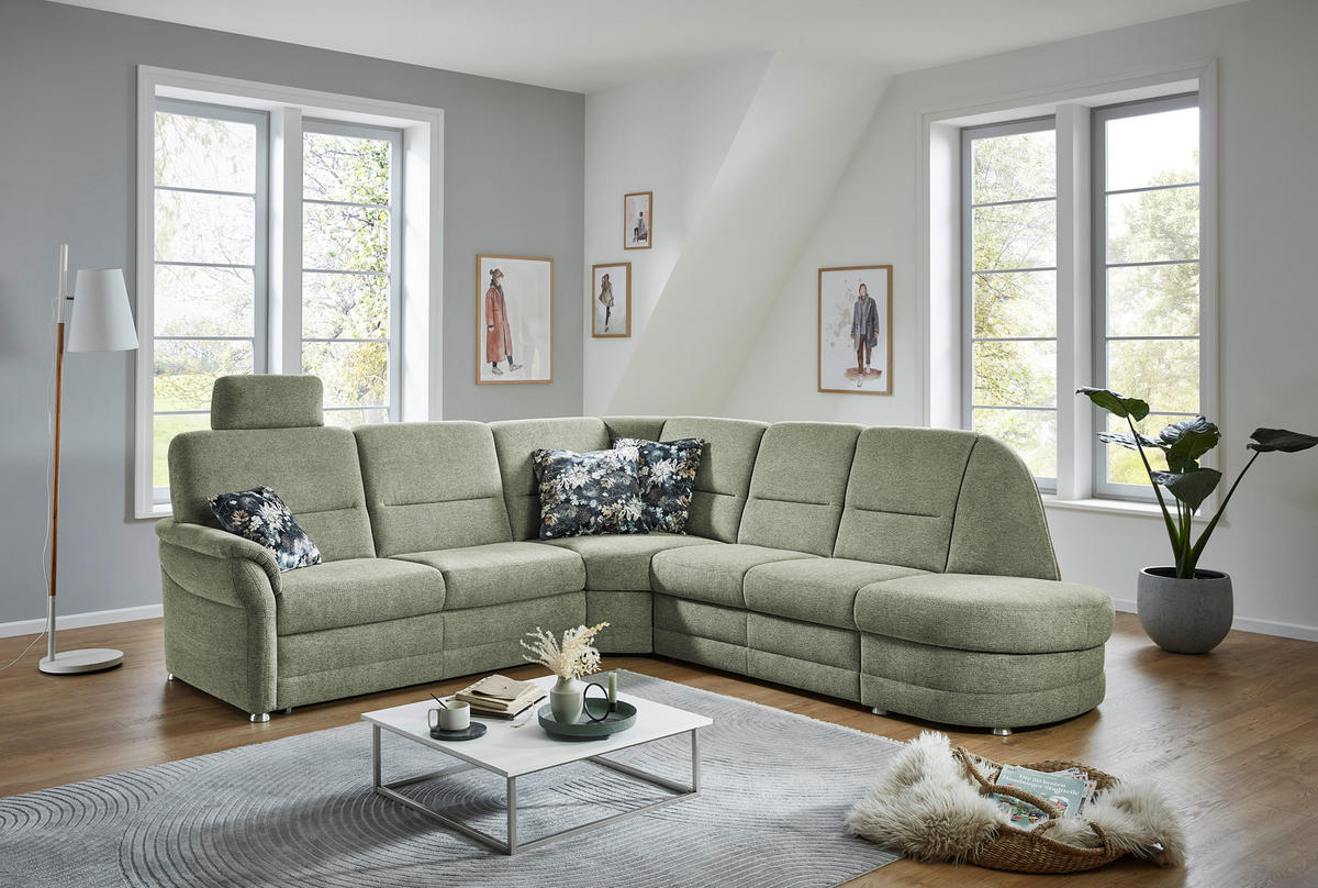 ECKSOFA  in Makramee Grün  - Alufarben/Grün, KONVENTIONELL, Textil/Metall (253/273cm) - Beldomo Comfort