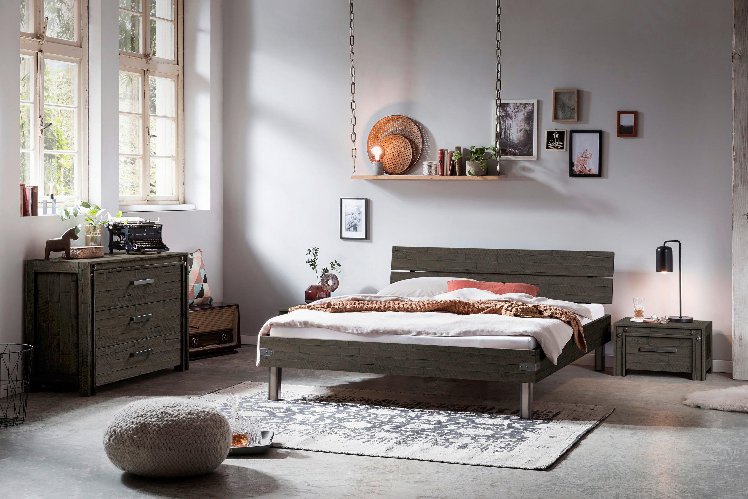 BETT 200/200 cm  in Grau, Akaziefarben  - Grau/Akaziefarben, Design, Holz/Metall (200/200cm) - Hasena