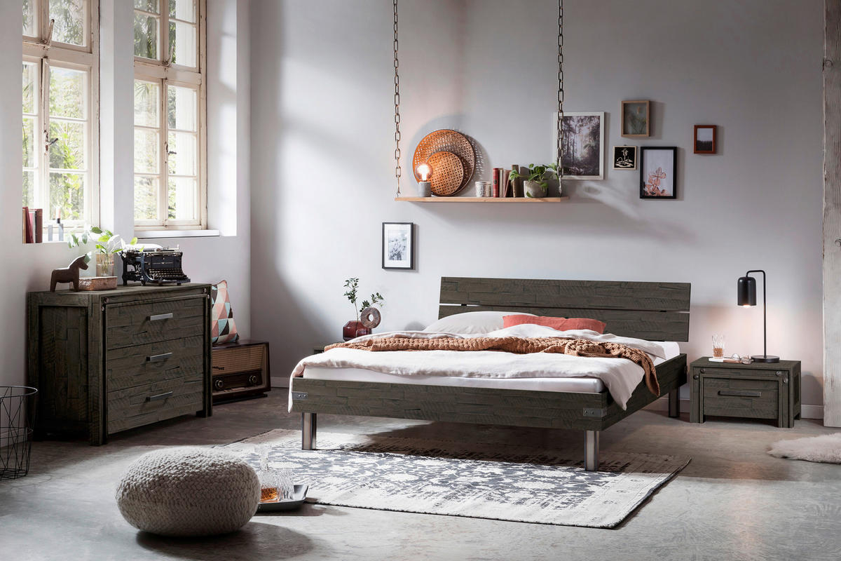 BETT 90/200 cm  in Grau, Akaziefarben  - Grau/Akaziefarben, Design, Holz/Metall (90/200cm) - Hasena