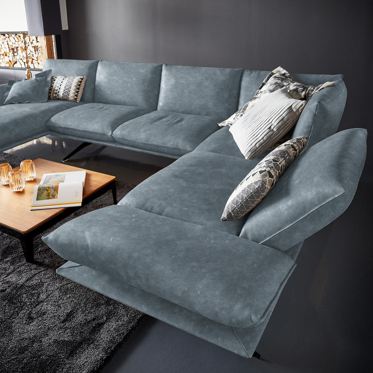 WOHNLANDSCHAFT in Echtleder Blau  - Blau/Schwarz, Natur, Leder/Metall (155/359/217cm) - Dieter Knoll