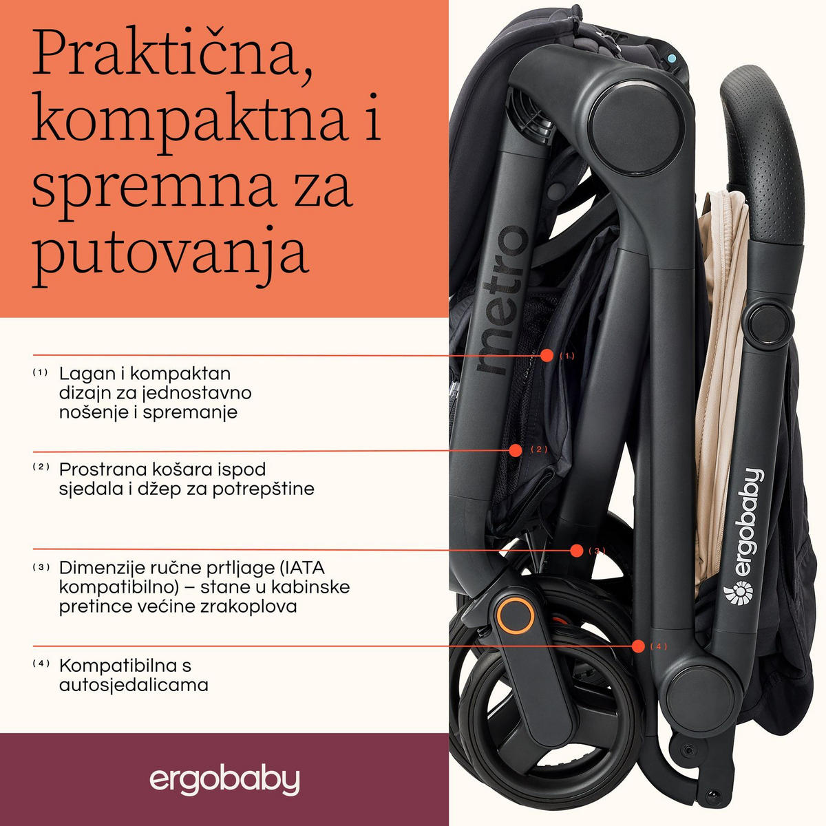 KIŠOBRAN KOLICA  METRO 3  - bež/crna, Basics, tekstil/metal (23/44/56cm) - Ergobaby