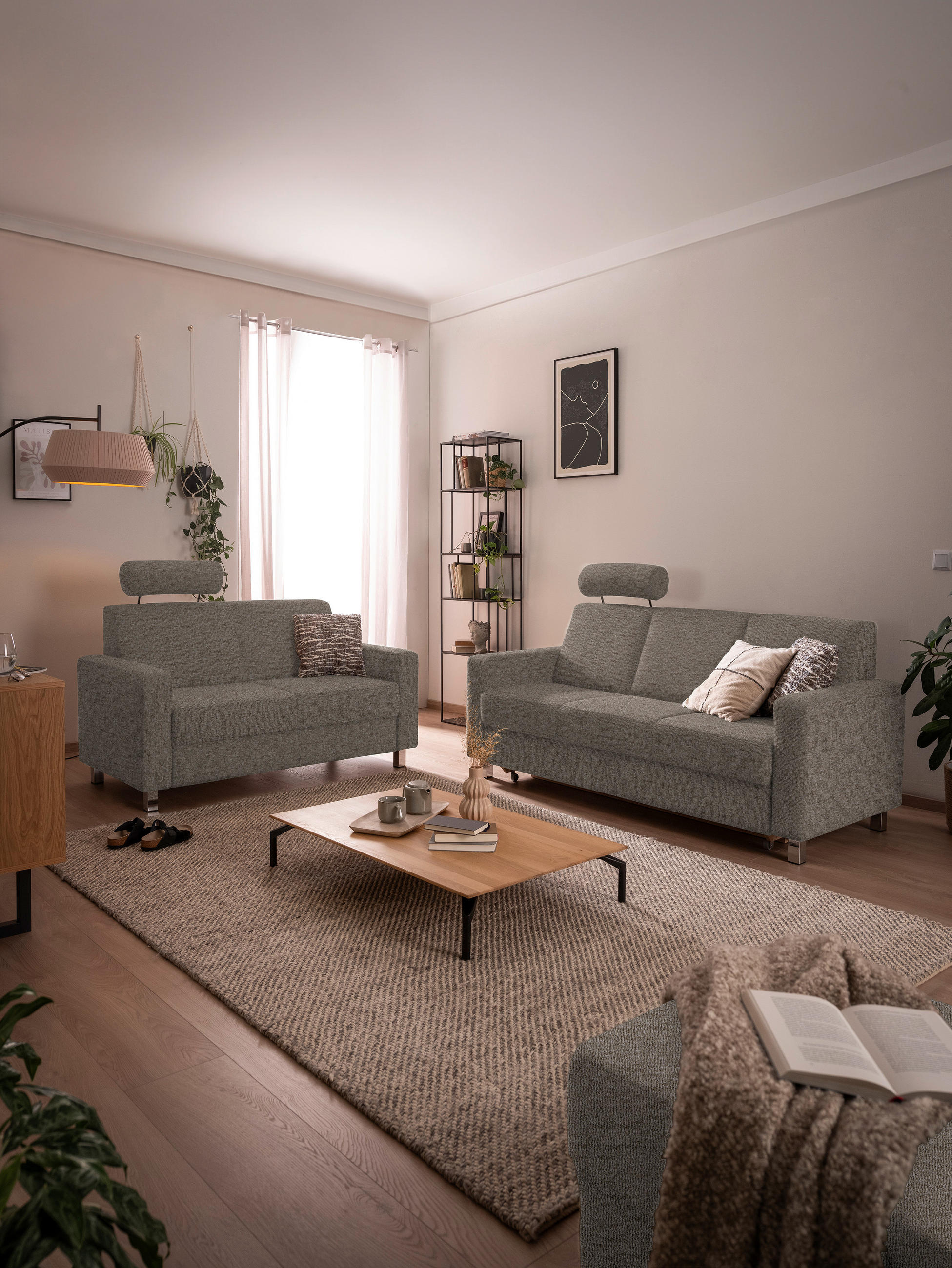 3-SITZER-SOFA in Flachgewebe Hellbraun  - Chromfarben/Hellbraun, Design, Textil/Metall (195/83/85cm) - Xora