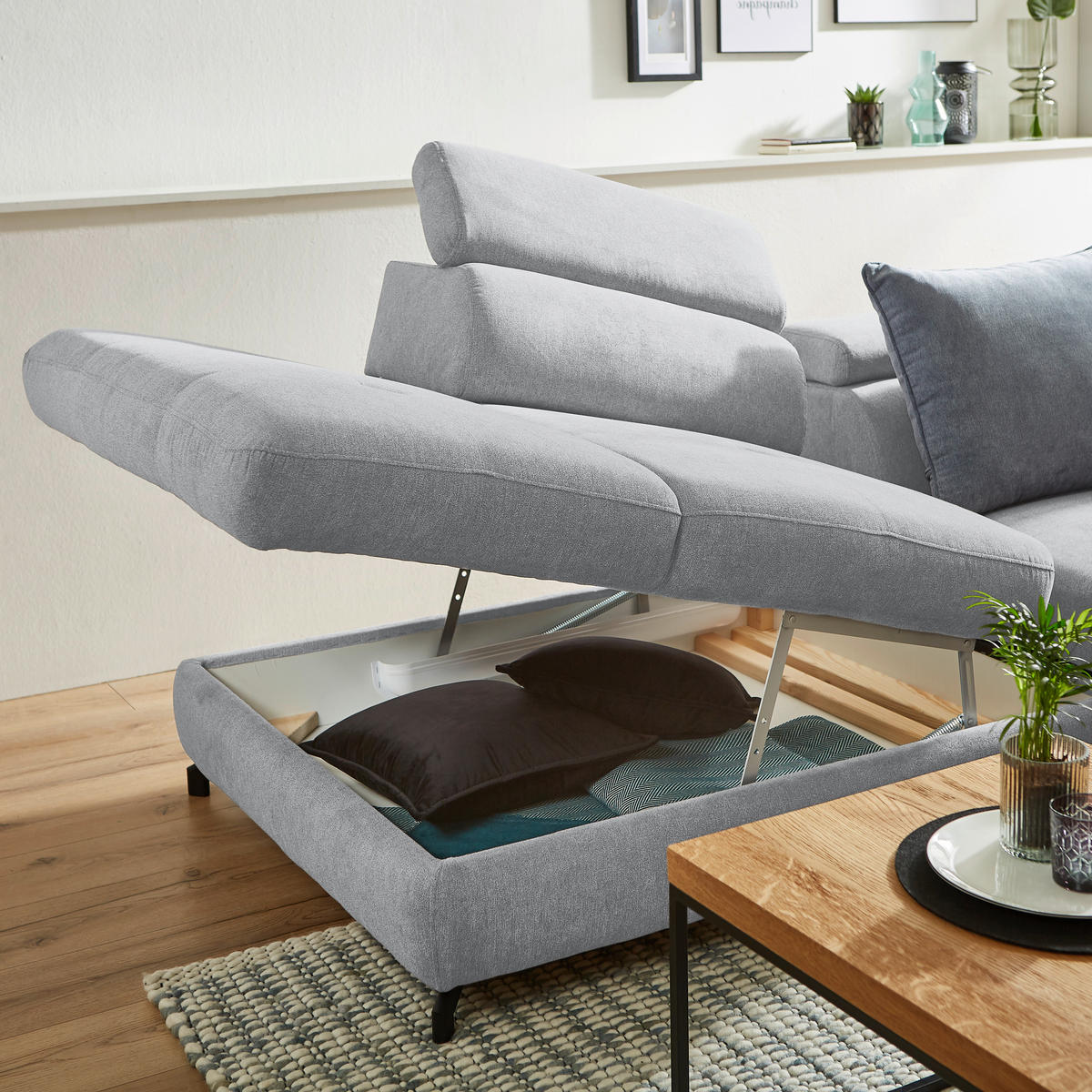 ECKSOFA in Webstoff Silberfarben  - Silberfarben/Schwarz, Design, Textil/Metall (237/277cm) - Stylife
