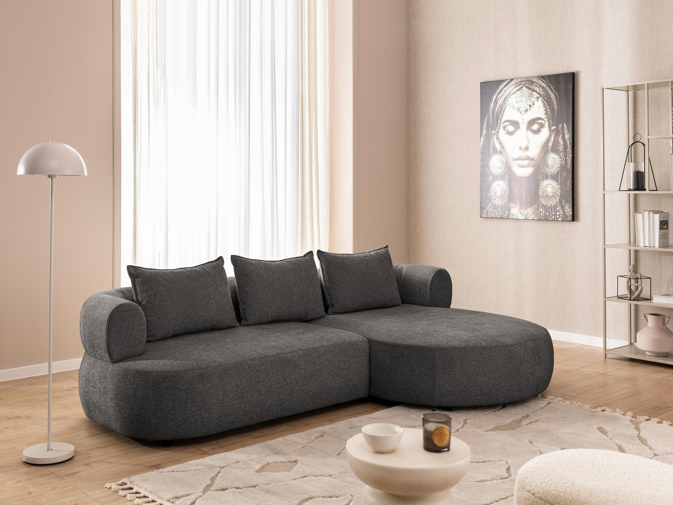 ECKSOFA in Chenille Anthrazit - Anthrazit/Schwarz, Design, Kunststoff/Textil (256/156cm) - Livetastic