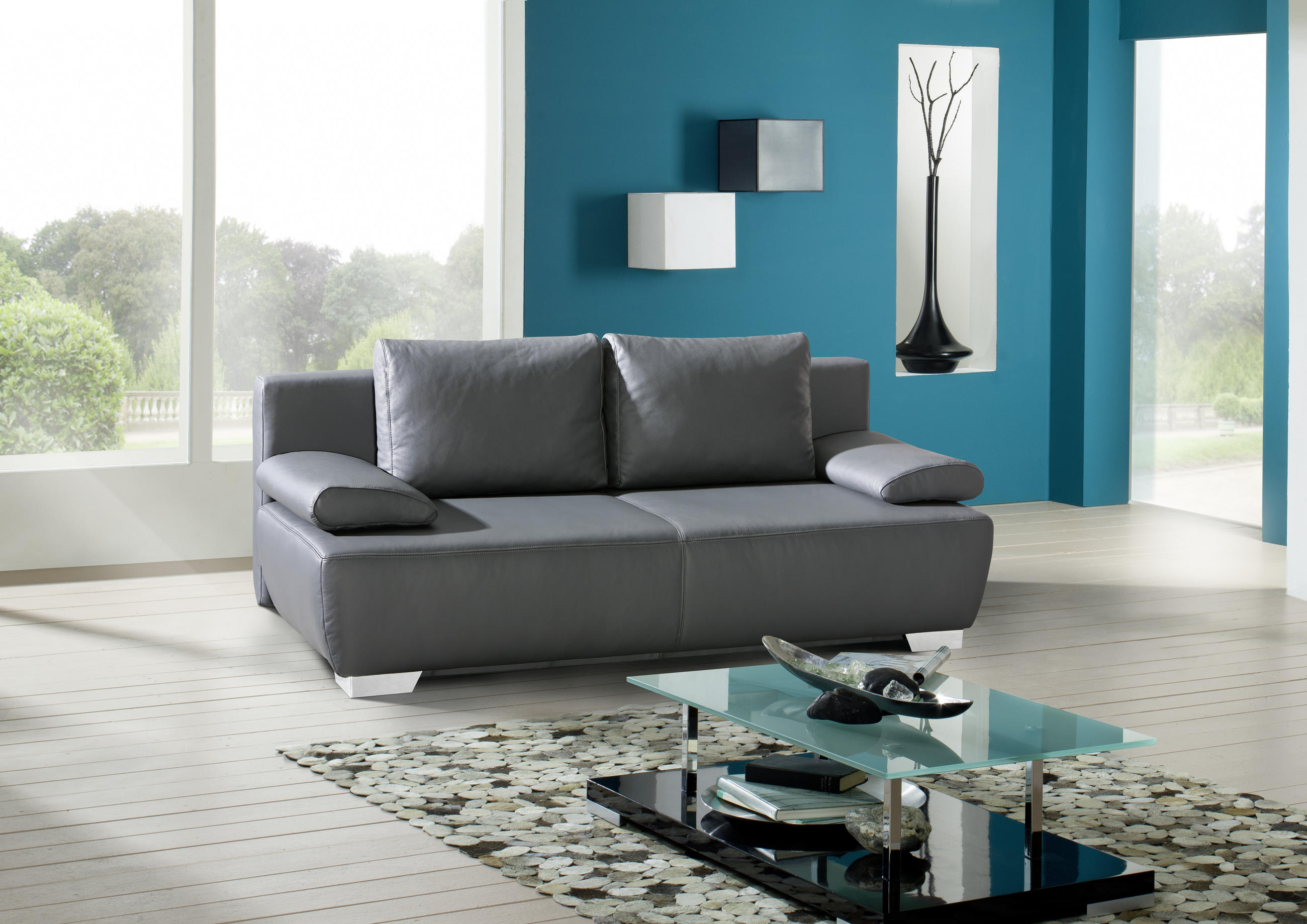 SCHLAFSOFA Anthrazit Echtleder  - Chromfarben/Anthrazit, KONVENTIONELL, Leder/Metall (195/85/90cm) - Livetastic