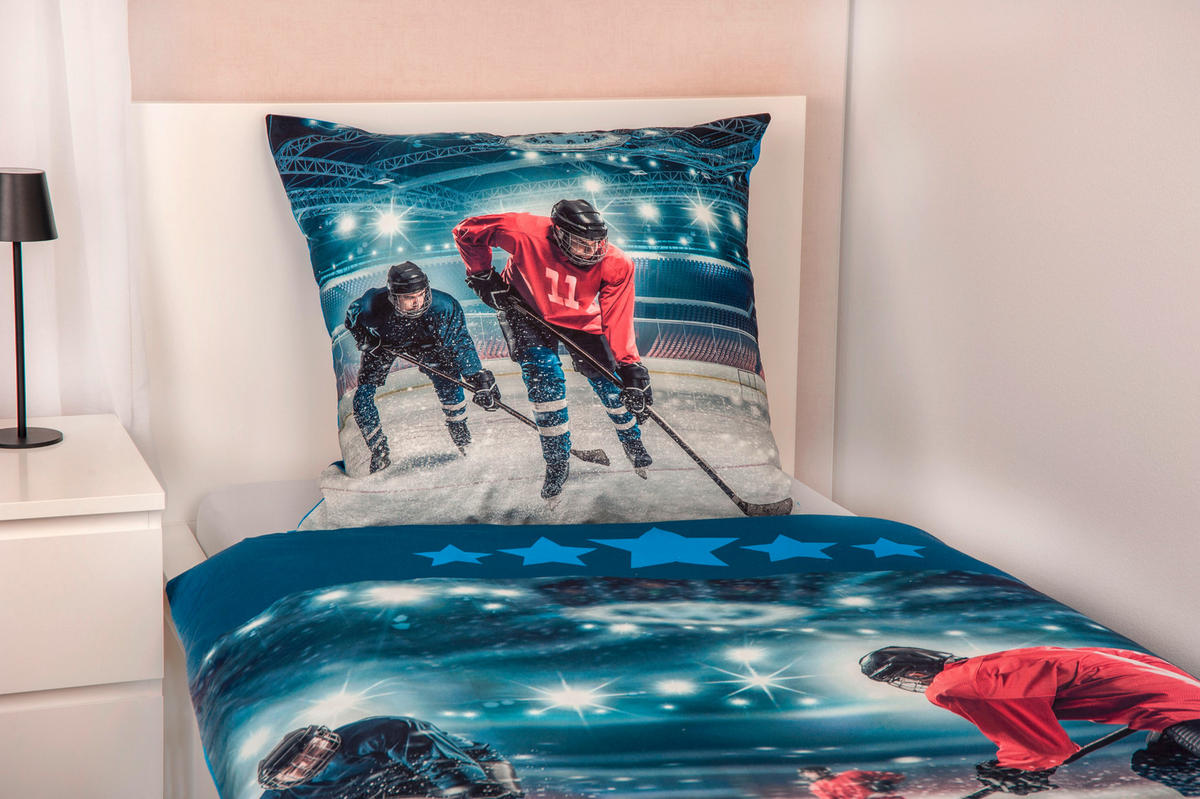 JUGENDBETTWÄSCHE EISHOCKEY Renforcé 135/200 cm  - Blau/Rot, Basics, Textil (135/200cm) - Herding