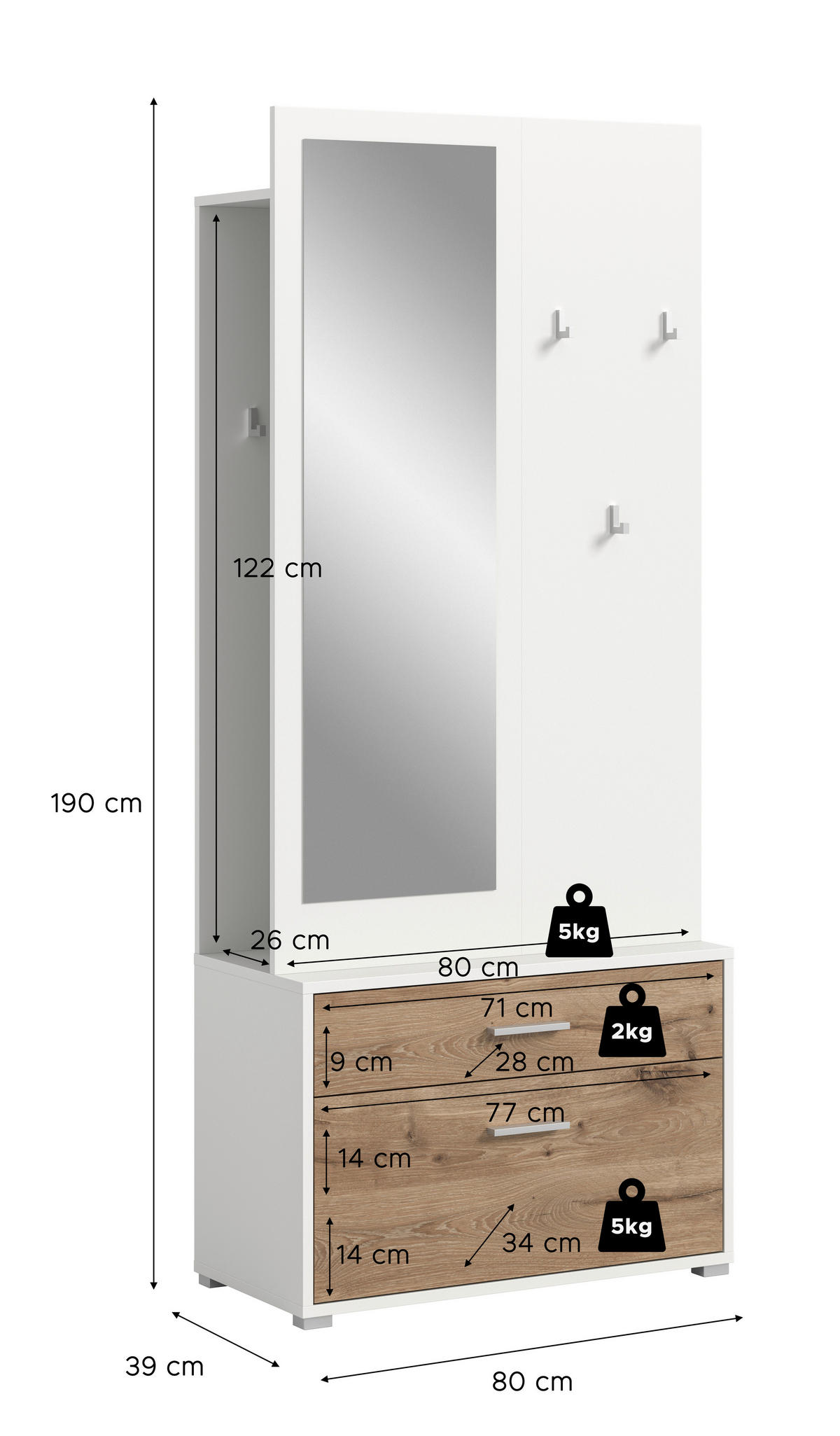 ELŐSZOBAFAL - sötét tölgy/fehér, Design, faalapú anyag (80/190/38cm) - Livetastic