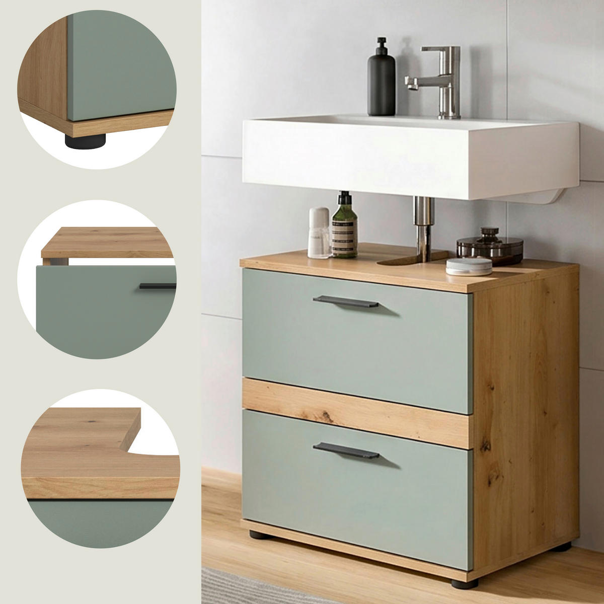 WASCHBECKENUNTERSCHRANK 60/57/34 cm  - Salbeigrün/Schwarz, Trend, Holzwerkstoff/Kunststoff (60/57/34cm) - MID.YOU