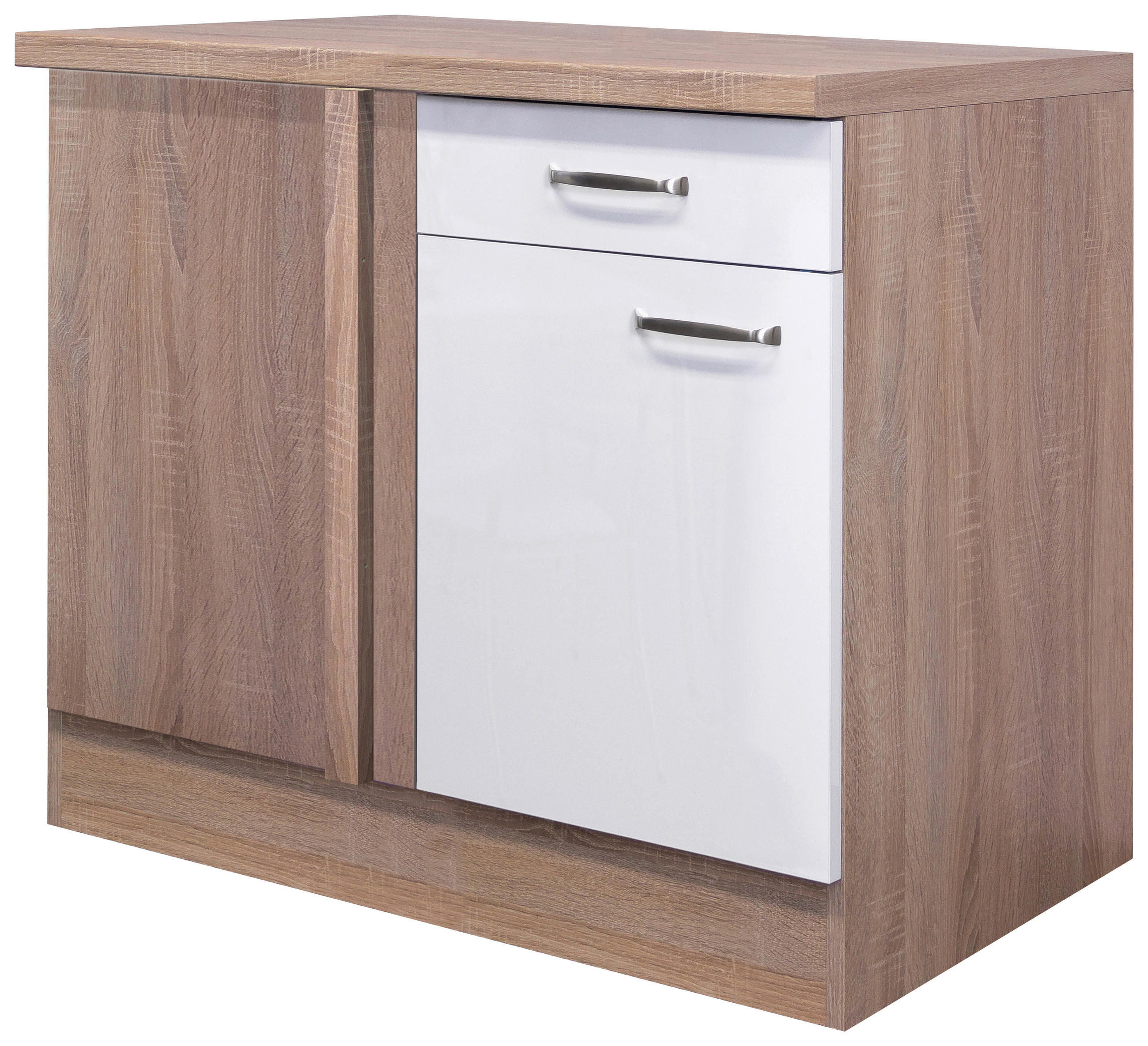 ECKUNTERSCHRANK 110/86/60 cm  in Sonoma Eiche, Weiß Hochglanz  - Edelstahlfarben/Weiß Hochglanz, MODERN, Holzwerkstoff/Metall (110/86/60cm) - FlexWell