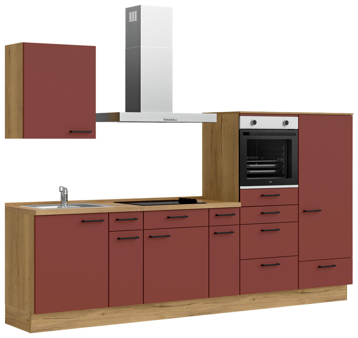 KÜCHENBLOCK Easytouch 300 cm  in Eichefarben, Dunkelrot  - Eichefarben/Schwarz, MODERN, Holzwerkstoff/Metall (300cm) - Nobilia