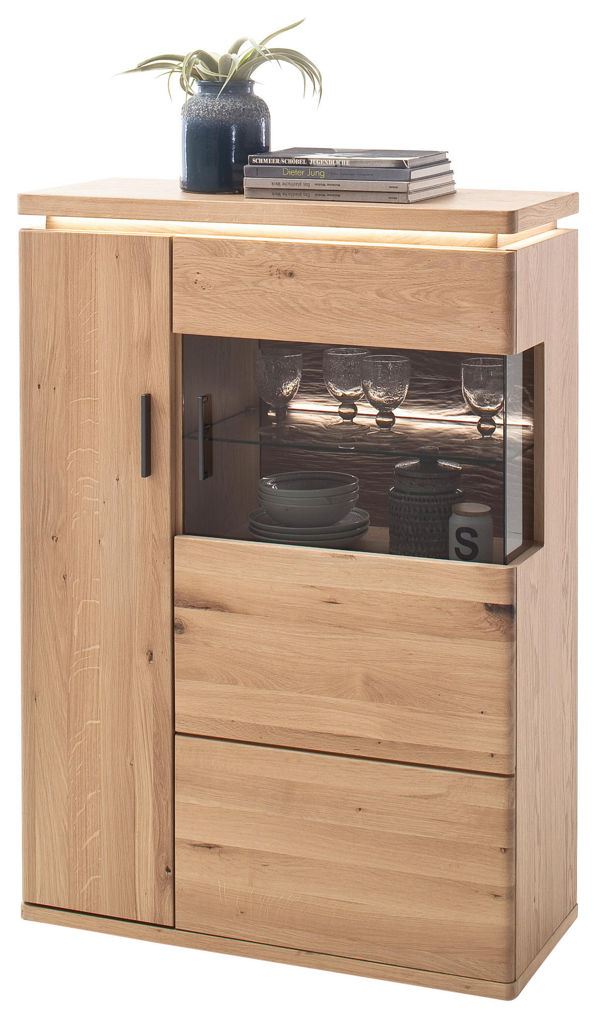 VYSOKÁ KOMODA, trámový dub, barvy dubu, 90/128/37 cm - šedá/barvy dubu, Design, kov/dřevo (90/128/37cm) - Linea Natura