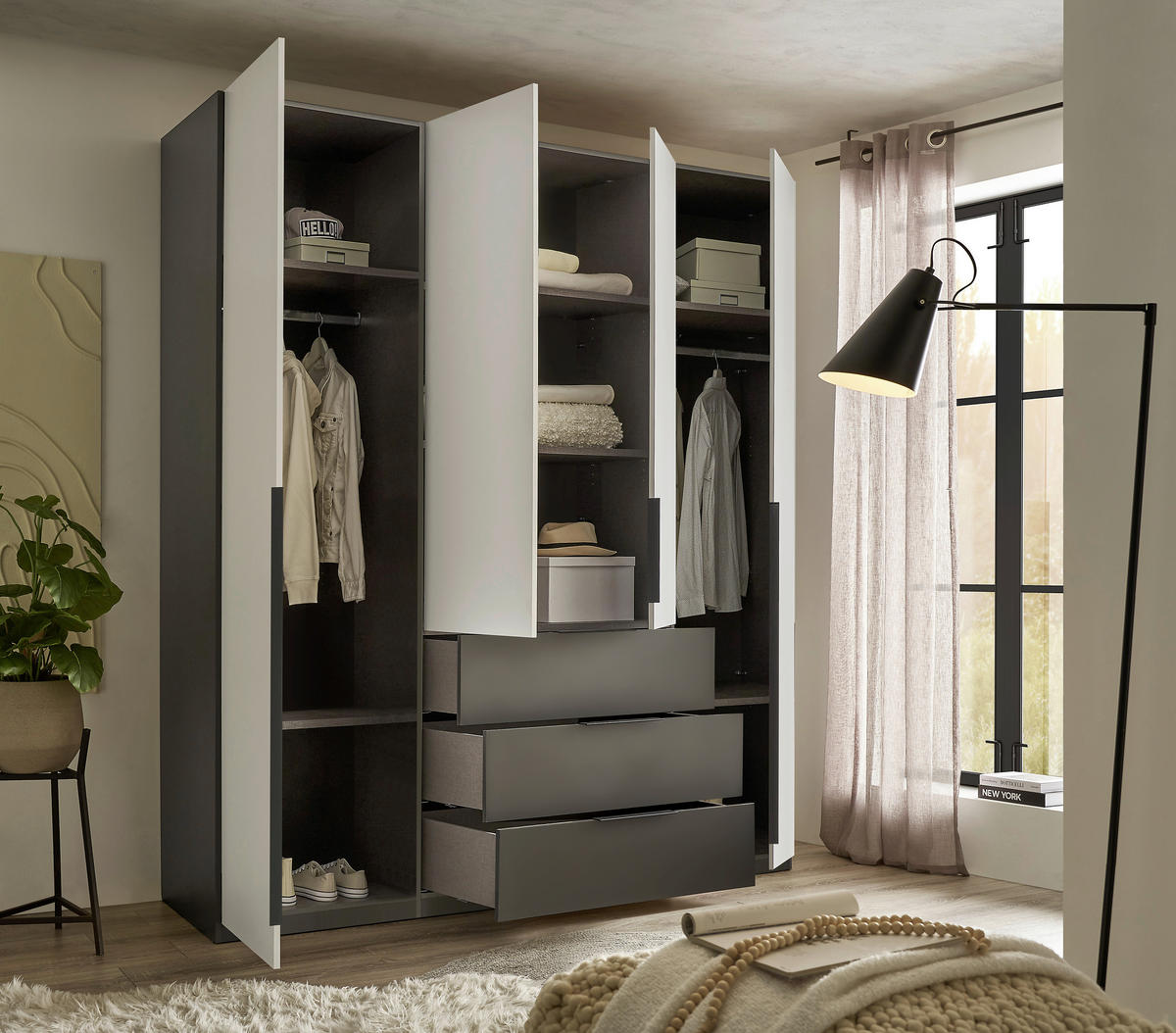 DREHTÜRENSCHRANK 200,5/225,5/60 cm,  in Graphitfarben, Hellgrau, 4-türig  - Hellgrau/Schwarz, MODERN, Holzwerkstoff/Kunststoff (200,5/225,5/60cm) - MID.YOU