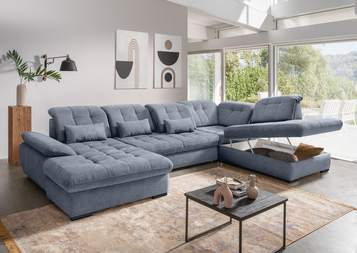 WOHNLANDSCHAFT in Chenille Hellblau  - Schwarz/Hellblau, Modern, Textil/Metall (184/387/252cm) - Livetastic