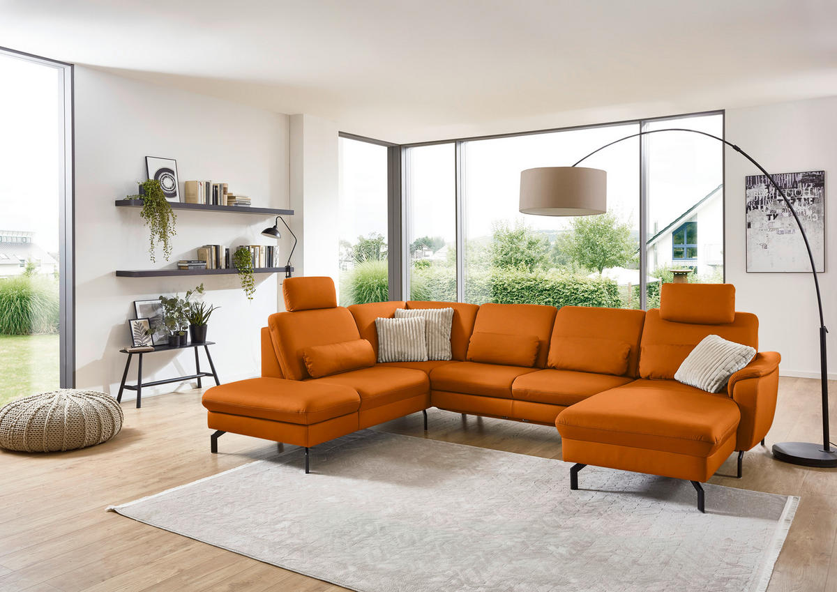 WOHNLANDSCHAFT Beldomo premium in Echtleder Orange  - Schwarz/Orange, KONVENTIONELL, Leder/Metall (224/306/168cm) - Beldomo Premium
