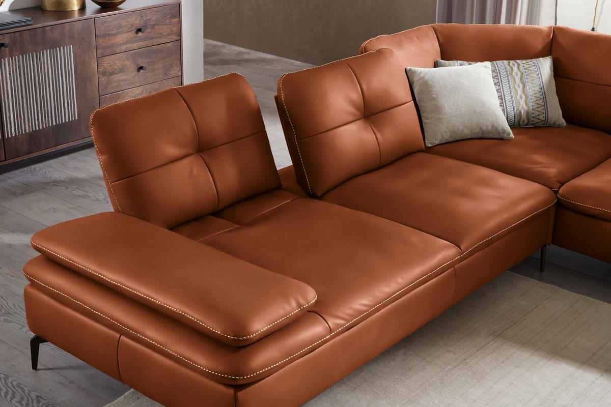 ECKSOFA in Echtleder Cognac  - Cognac/Beige, Design, Leder/Metall (298/298cm) - Chilliano