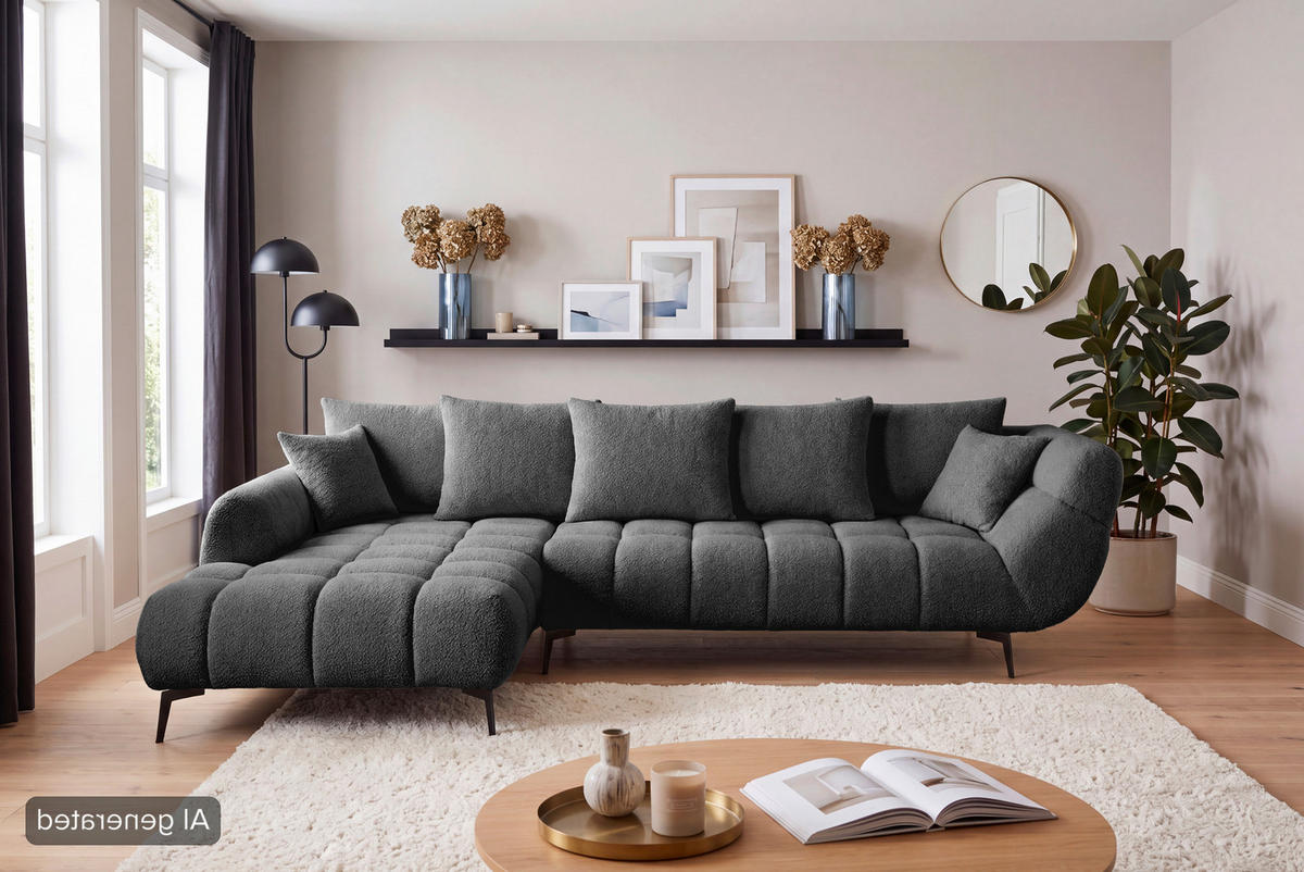ECKSOFA Schwarz Bouclé Zierkissen, Rückenkissen, Rücken echt  - Schwarz, MODERN, Textil/Metall (217/318cm) - Carryhome