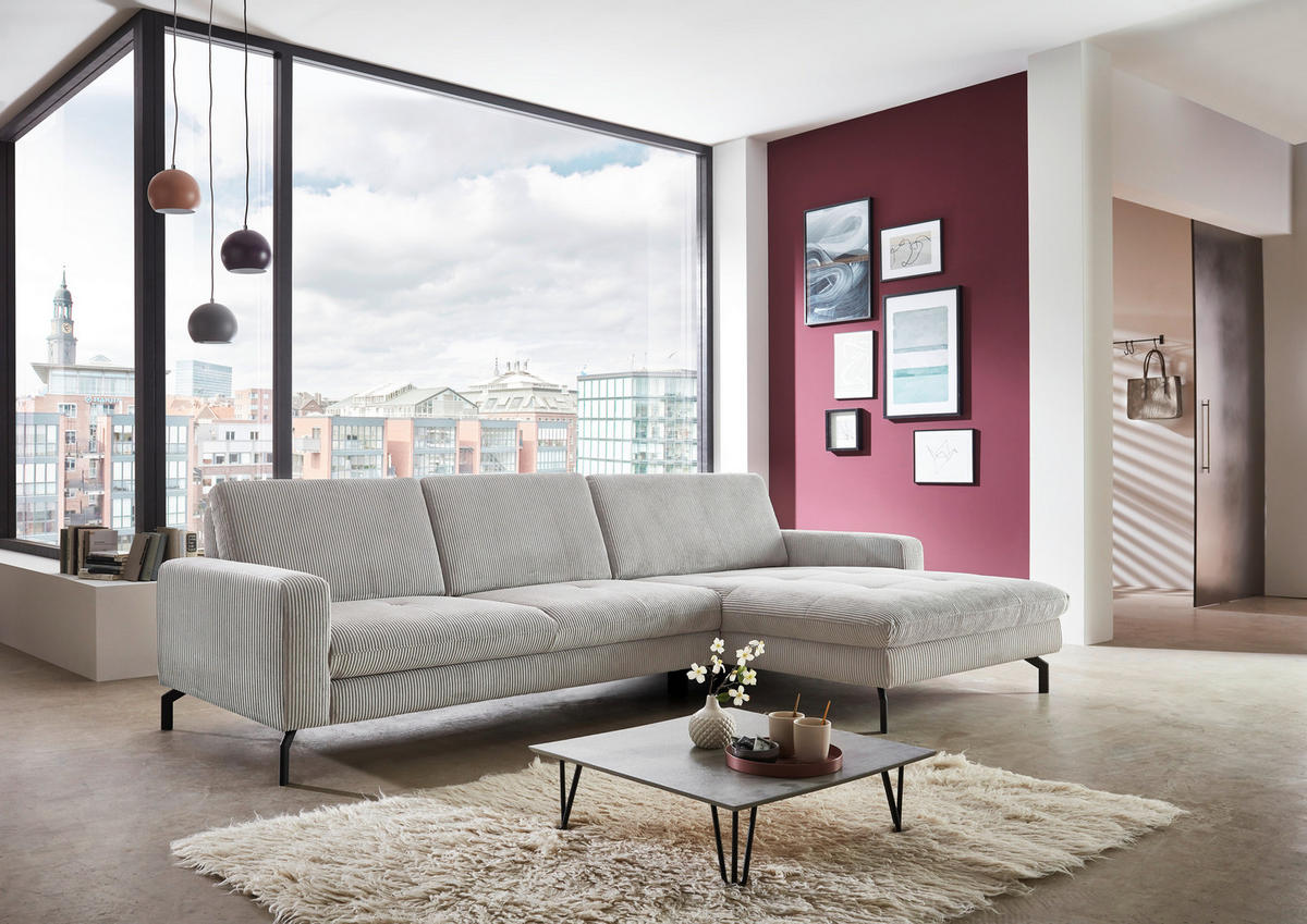 ECKSOFA in Cord Grau  - Schwarz/Grau, Design, Textil/Metall (302/178cm) - Beldomo Style