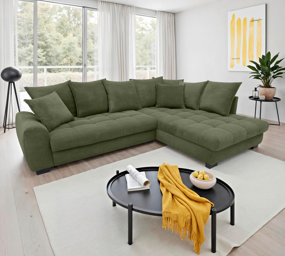 ECKSOFA Grün Cord Rückenkissen, Armlehnenkissen, Bettkasten, Schlaffunktion, Rücken echt, Liegefläche im Originalstoff  - Schwarz/Grün, KONVENTIONELL, Kunststoff/Textil (304/212cm) - Carryhome