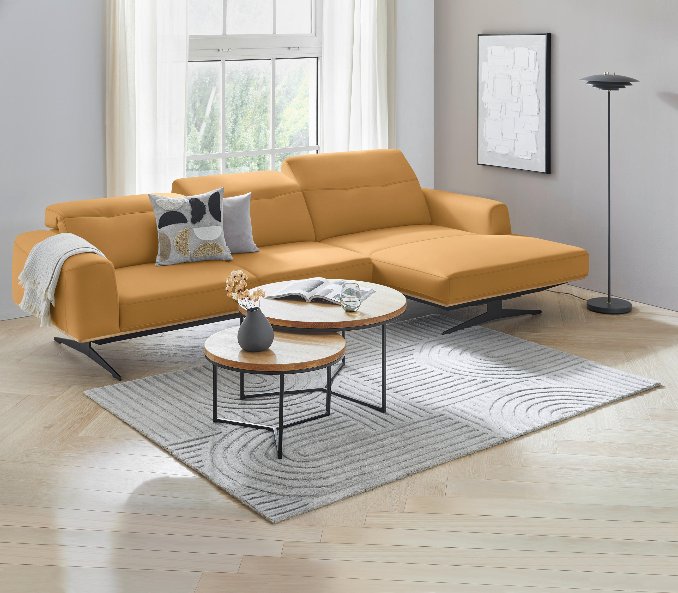 ECKSOFA in Echtleder Senfgelb  - Eichefarben/Senfgelb, Design, Leder/Holz (305/163cm) - Novel
