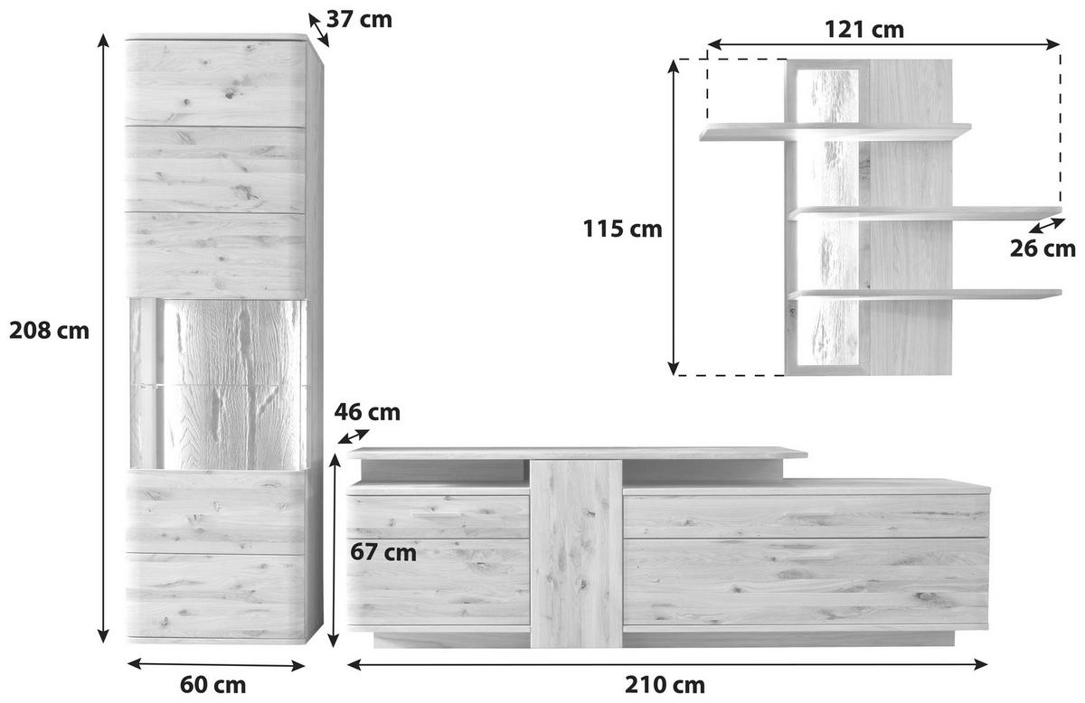 WOHNWAND  in Eichefarben 320/208/45 cm  - Eichefarben/Schwarz, Design, Glas/Holz (320/208/45cm) - Livetastic