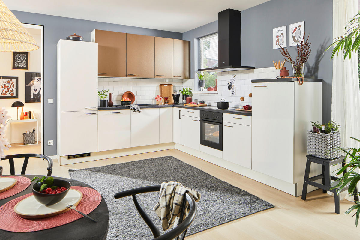 ECKKÜCHE 270/330 cm  in Weiß, Bronzefarben  - Schwarz/Weiß, Design, Holzwerkstoff/Metall (270/330cm) - Xora