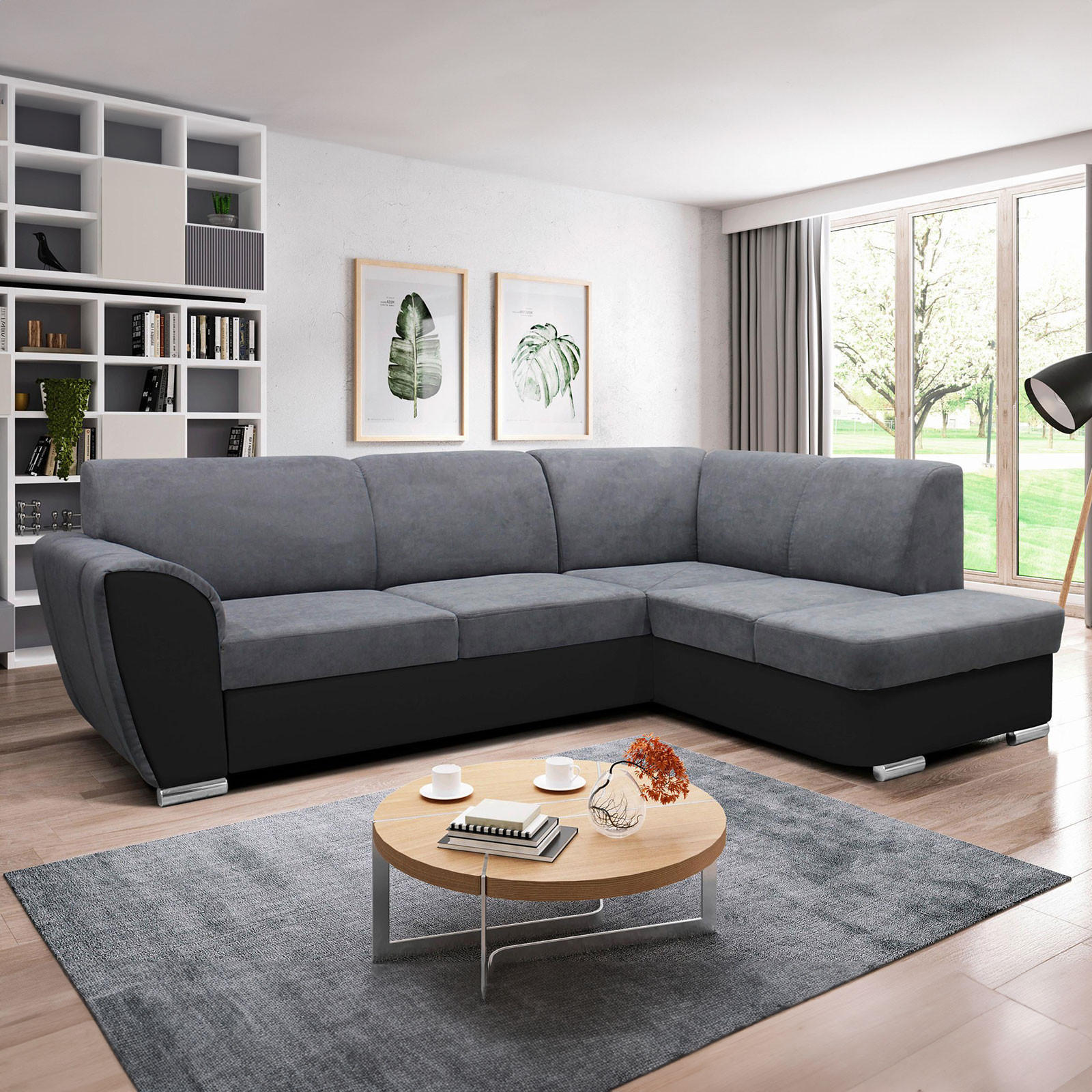ECKSOFA Grau, Schwarz Velours  - Silberfarben/Schwarz, Design, Kunststoff/Textil (255/196cm) - MID.YOU