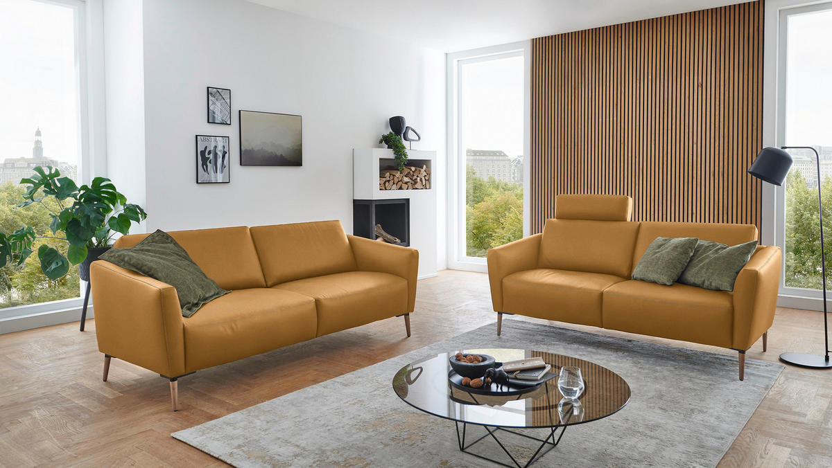 2-SITZER-SOFA Echtleder Currygelb  - Currygelb/Eichefarben, Natur, Leder/Holz (207/86/87cm) - Valnatura