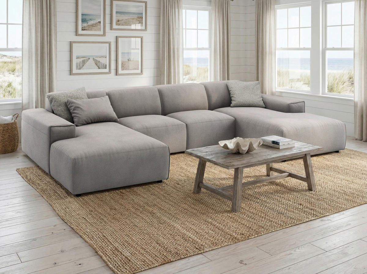 WOHNLANDSCHAFT Grau Cord  - Schwarz/Grau, MODERN, Kunststoff/Textil (189/340/189cm) - Pure Home Lifestyle