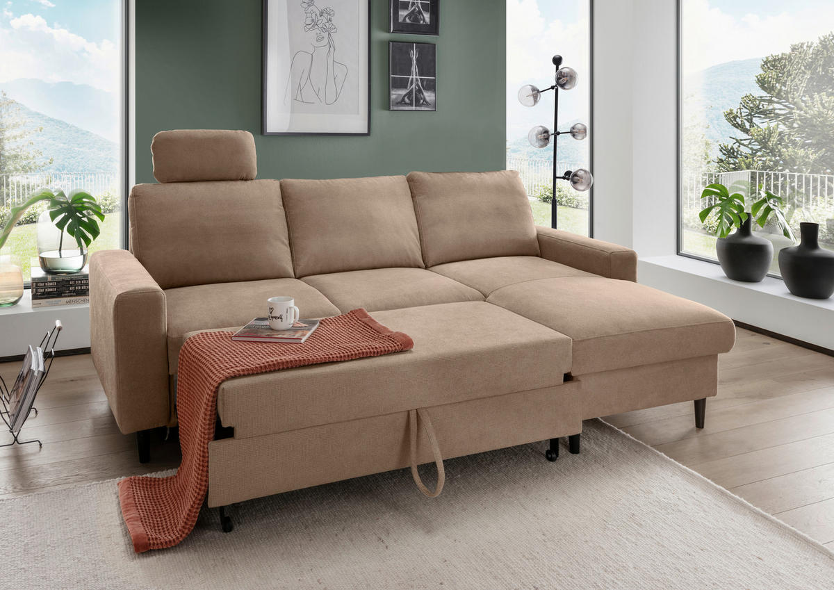 ECKSCHLAFSOFA in Chenille Hellbraun  - Hellbraun/Schwarz, Modern, Holz/Textil (234/147cm) - Livetastic