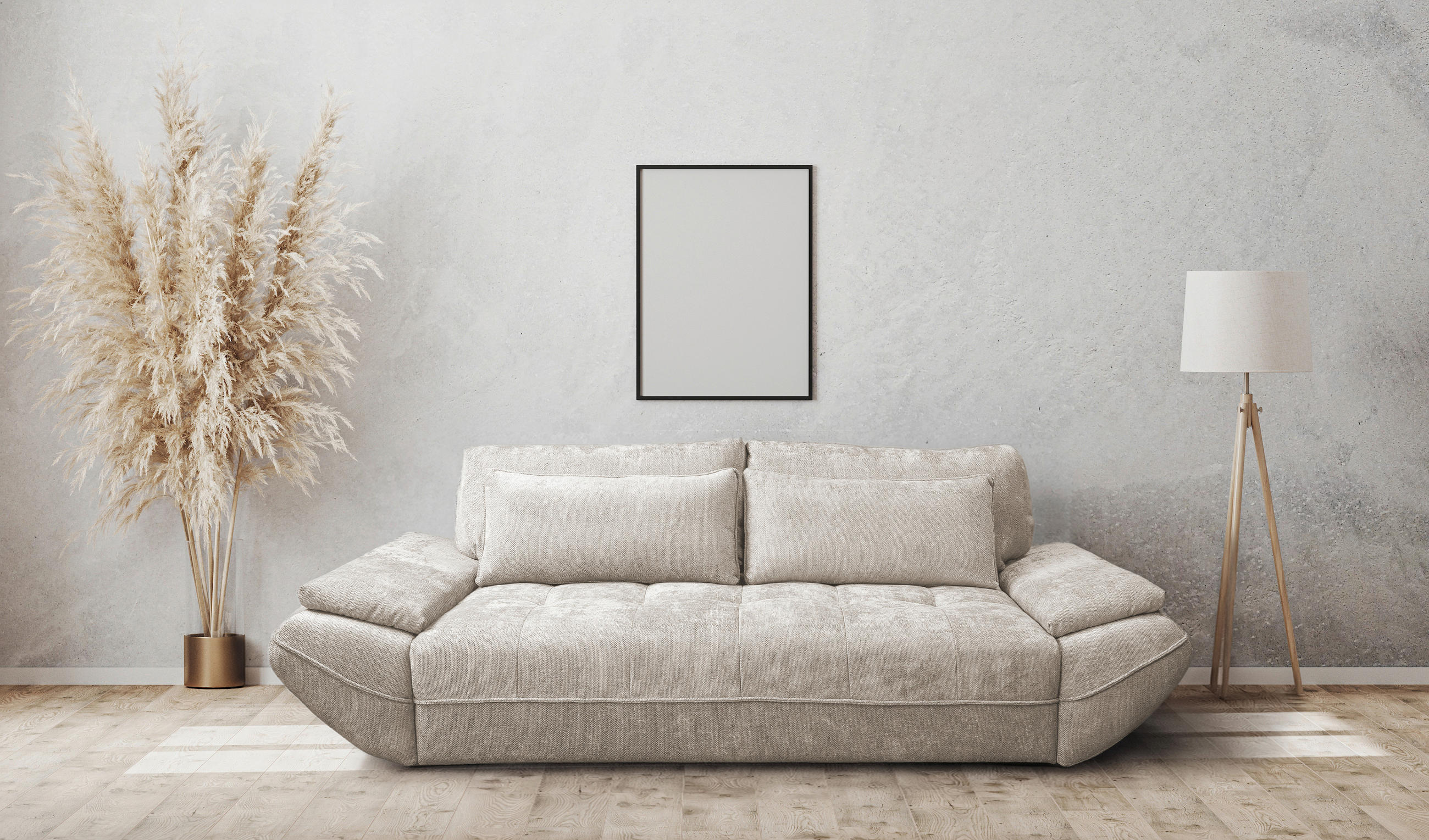 SCHLAFSOFA ELMA Struktur Sandfarben  inkl. Rückenkissen, Nierenkissen, Armlehnenkissen, Rücken echt  - Sandfarben/Schwarz, KONVENTIONELL, Holz/Kunststoff (280/73-93/107cm) - Livetastic