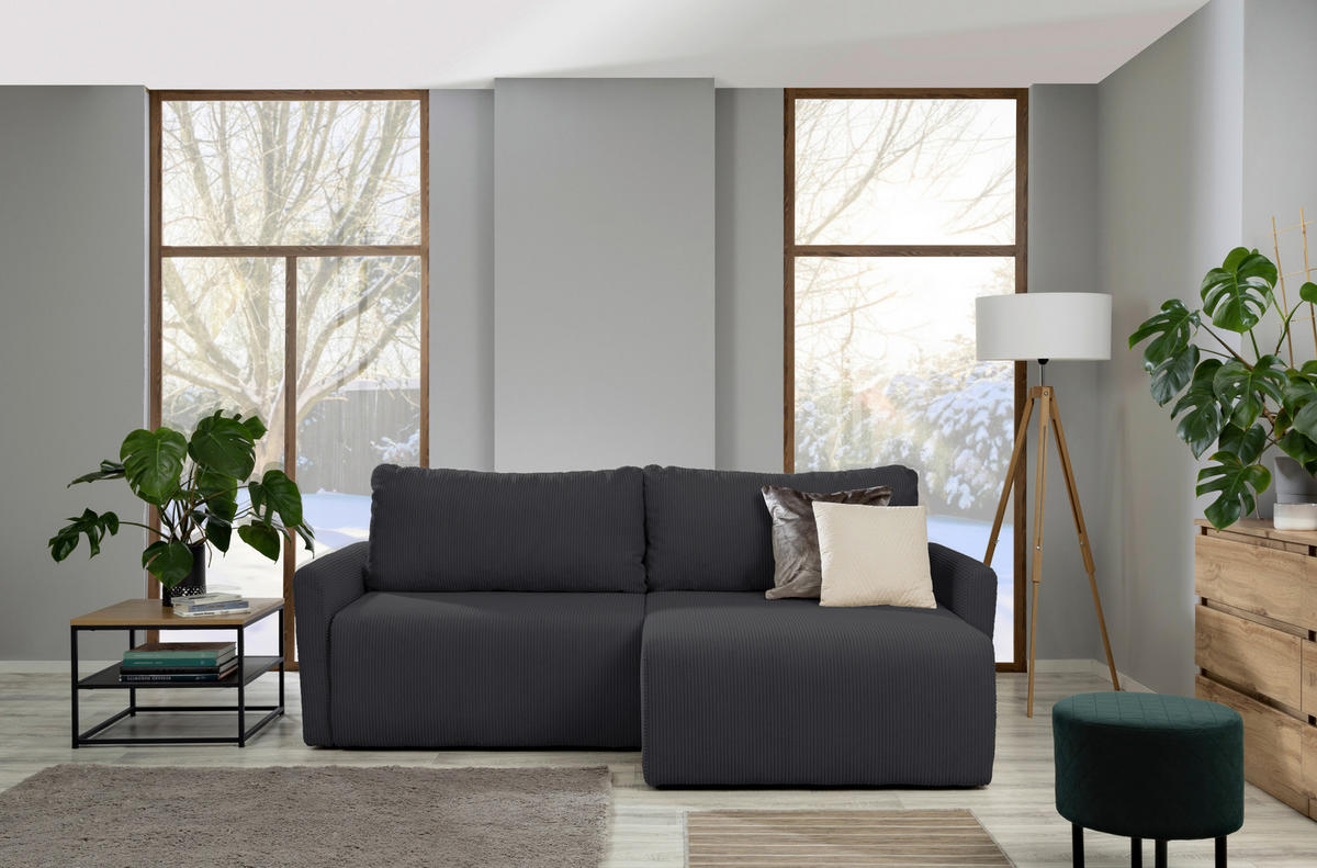 ECKSOFA in Cord Anthrazit  - Anthrazit/Schwarz, Konventionell, Kunststoff/Textil (228/146cm) - MID.YOU