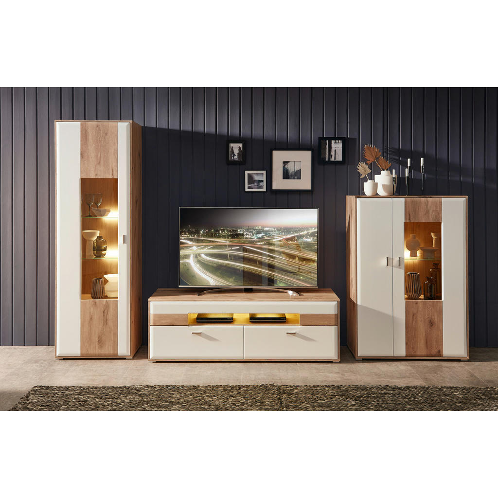 Thumbnail - Xora Wohnwand, Weiß, Eiche, Metall, 3x Glas + 3x Holz Fächer, 1 Schubladen, 350x204x50 cm, Beimöbel erhältlich, stehend,...
