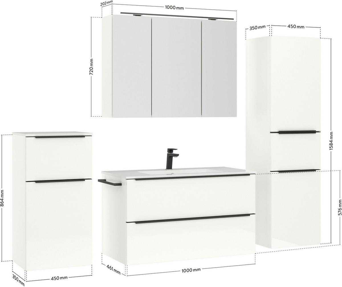 BADEZIMMER 5-teilig  in 191 cm  - Weiß Hochglanz/Schwarz, MODERN, Holzwerkstoff/Stein (191cm) - Nobilia
