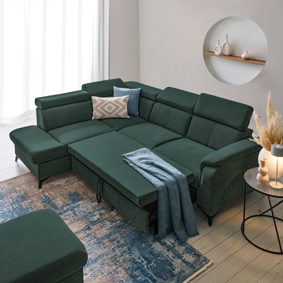 Ecksofa inkl. Funktionen in Chenille Petrol, Dunkelgrün  - Dunkelgrün/Petrol, Design, Textil/Metall (203/260cm) - Stylife