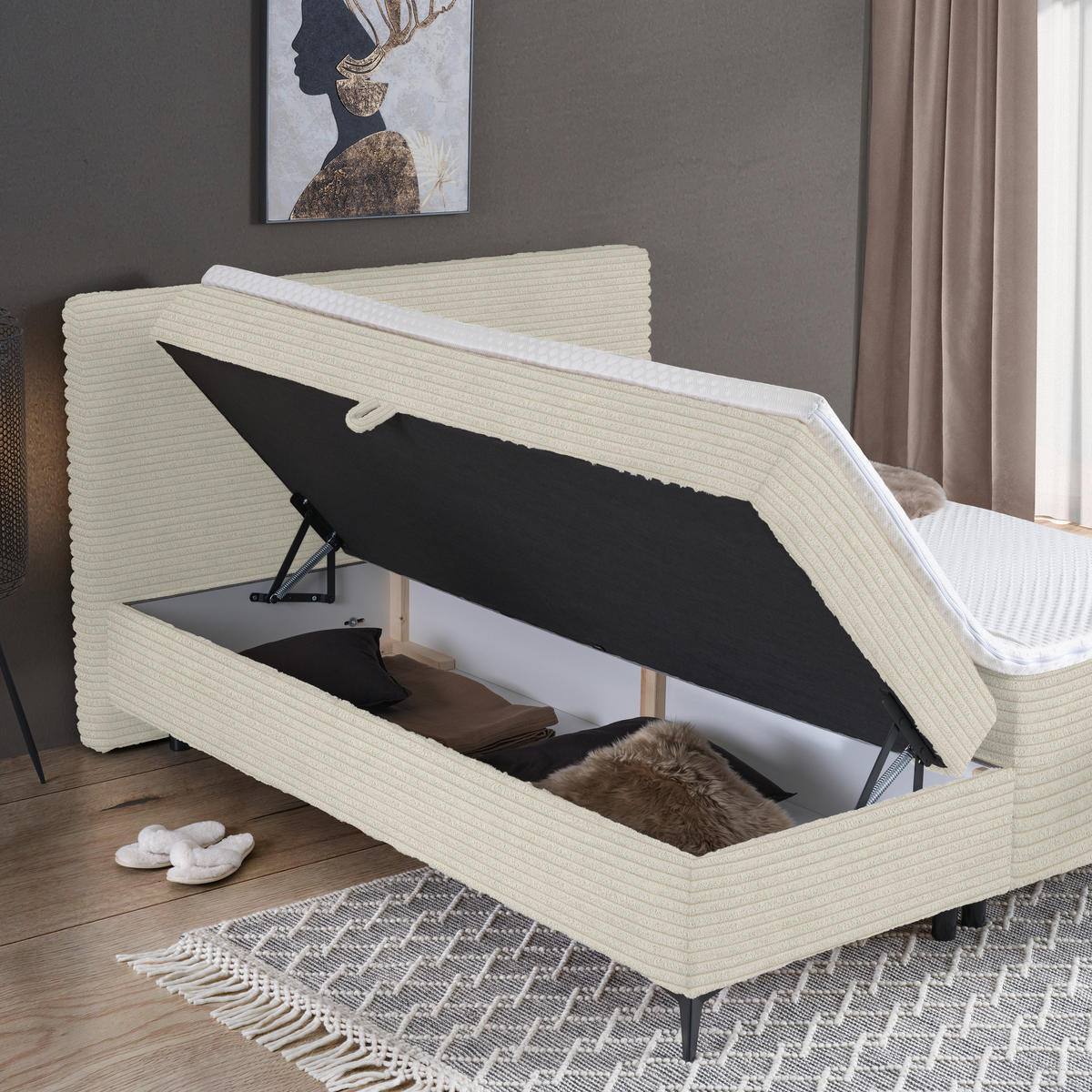 BOXBETT 180/200 cm  in Creme  - Creme/Schwarz, Design, Holz/Holzwerkstoff (180/200cm) - Xora