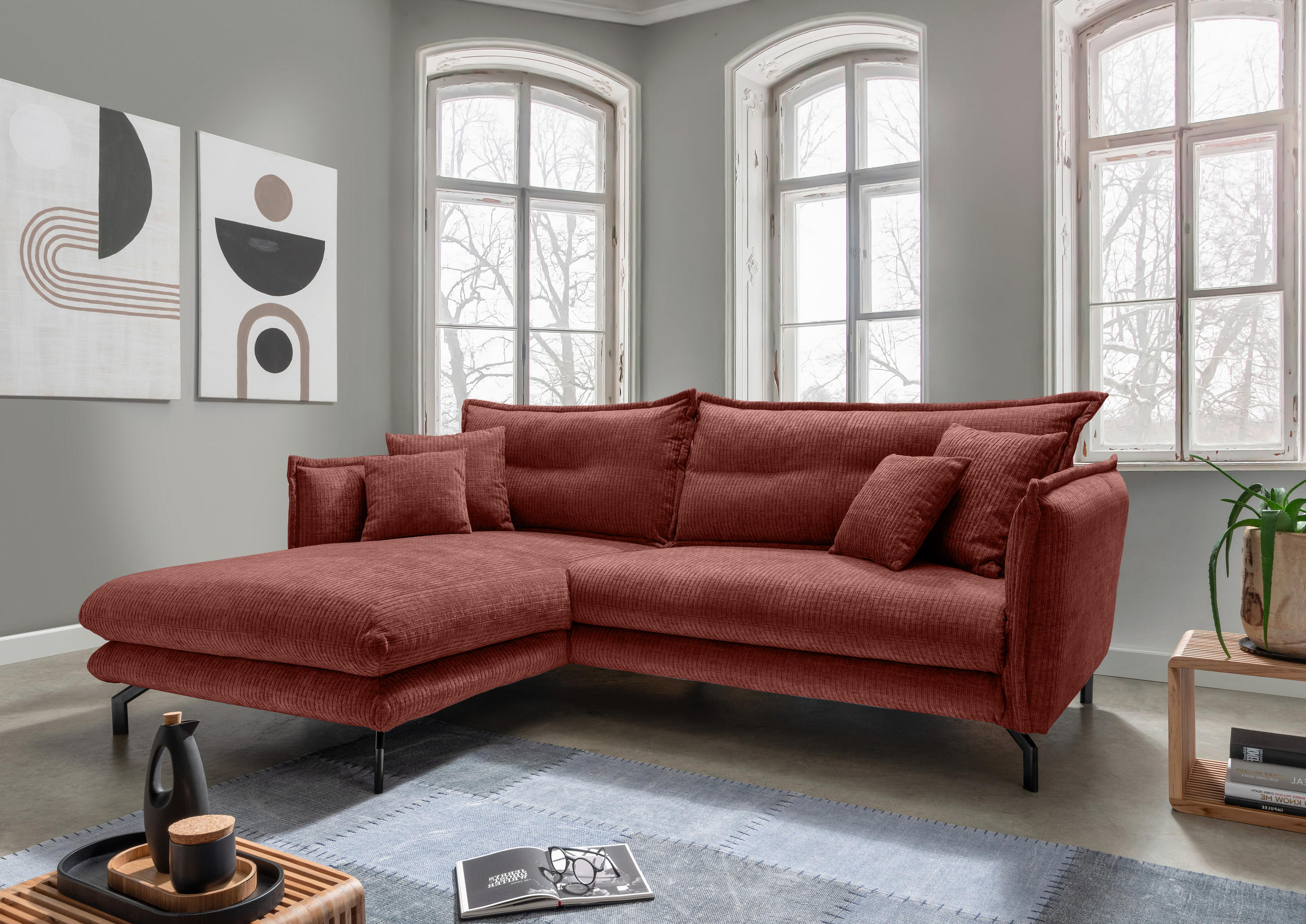 ECKSOFA Koralle Velours  - Koralle/Schwarz, Design, Textil/Metall (180/255cm) - Livetastic
