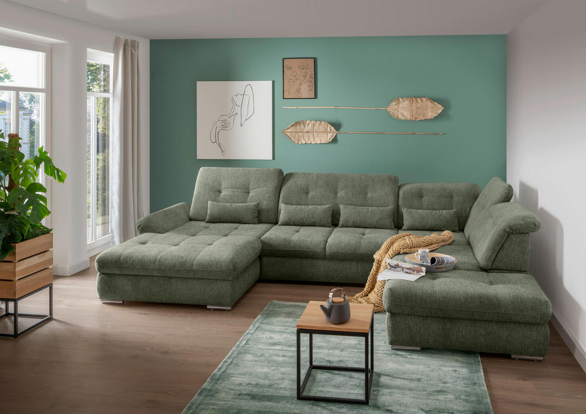 WOHNLANDSCHAFT in Chenille Dunkelgrün  - Chromfarben/Dunkelgrün, Design, Textil/Metall (195/376/254cm) - Livetastic
