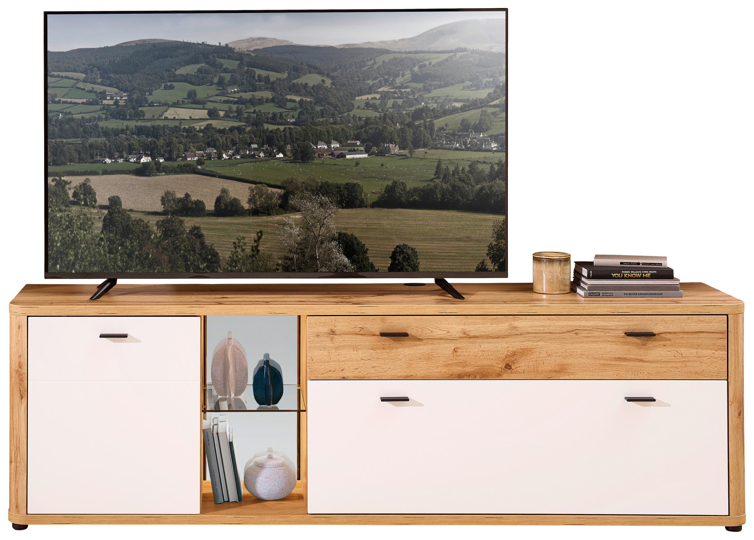 TV-ELEMENT Weiss, Eiche Wotan  210/65/45 cm  - Weiss/Anthrazit, Modern, Glas/Holzwerkstoff (210/65/45cm) - Stylife