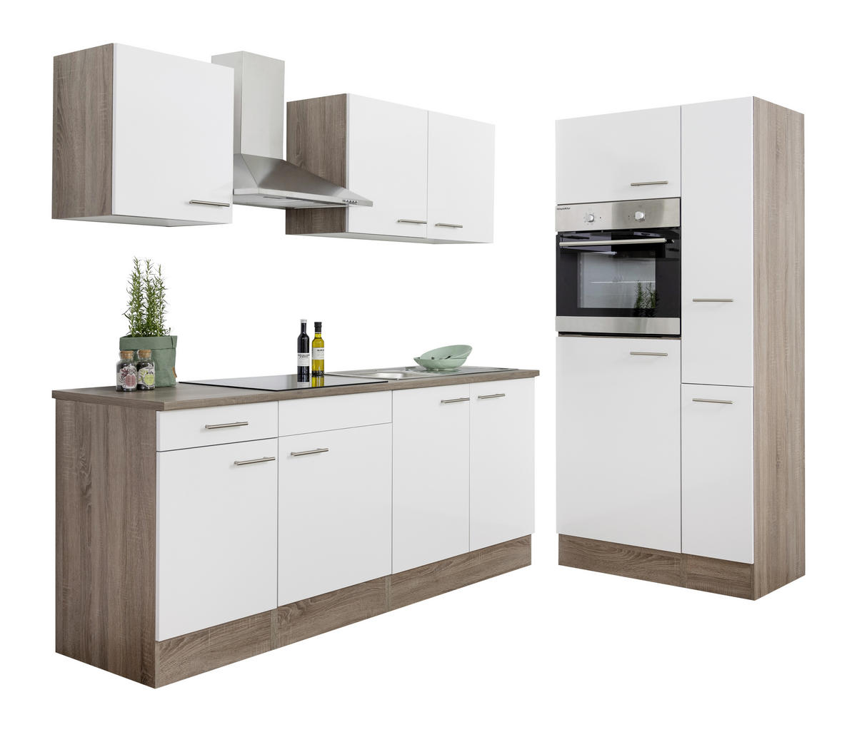 KÜCHENBLOCK 300 cm   in Weiss, Eichefarben  - Weiss/Edelstahlfarben, Design, Holzwerkstoff/Metall (300cm) - Respekta