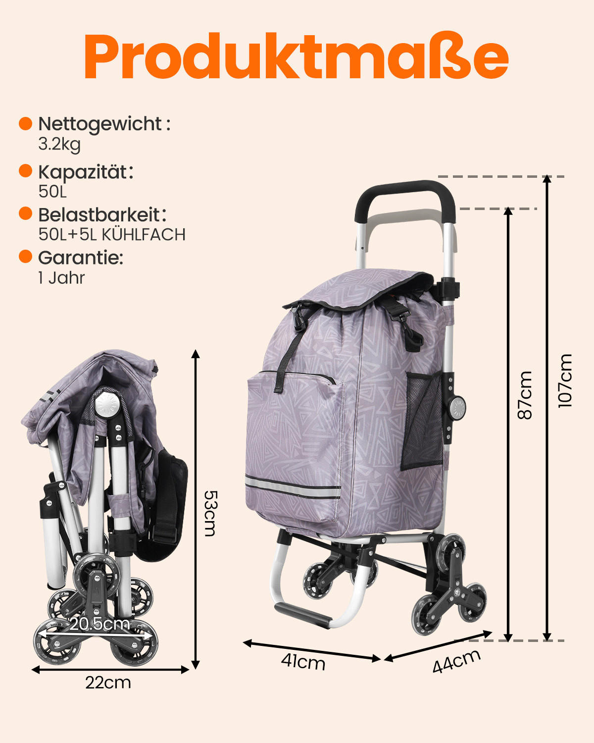 EINKAUFSTROLLEY  - Silberfarben/Hellgrau, Trend, Textil/Metall (41/97/44cm) - Milino