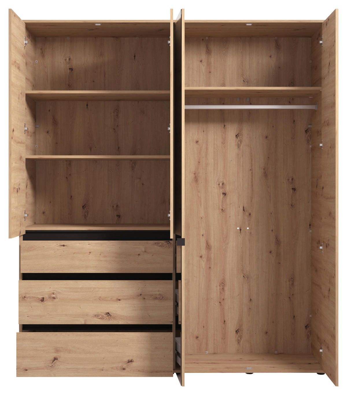 DREHTÜRENSCHRANK 4-türig Schwarz, Eiche Artisan  - Schwarz/Eiche Artisan, Basics, Glas/Holzwerkstoff (182,5/210,5/54,5cm) - Xora