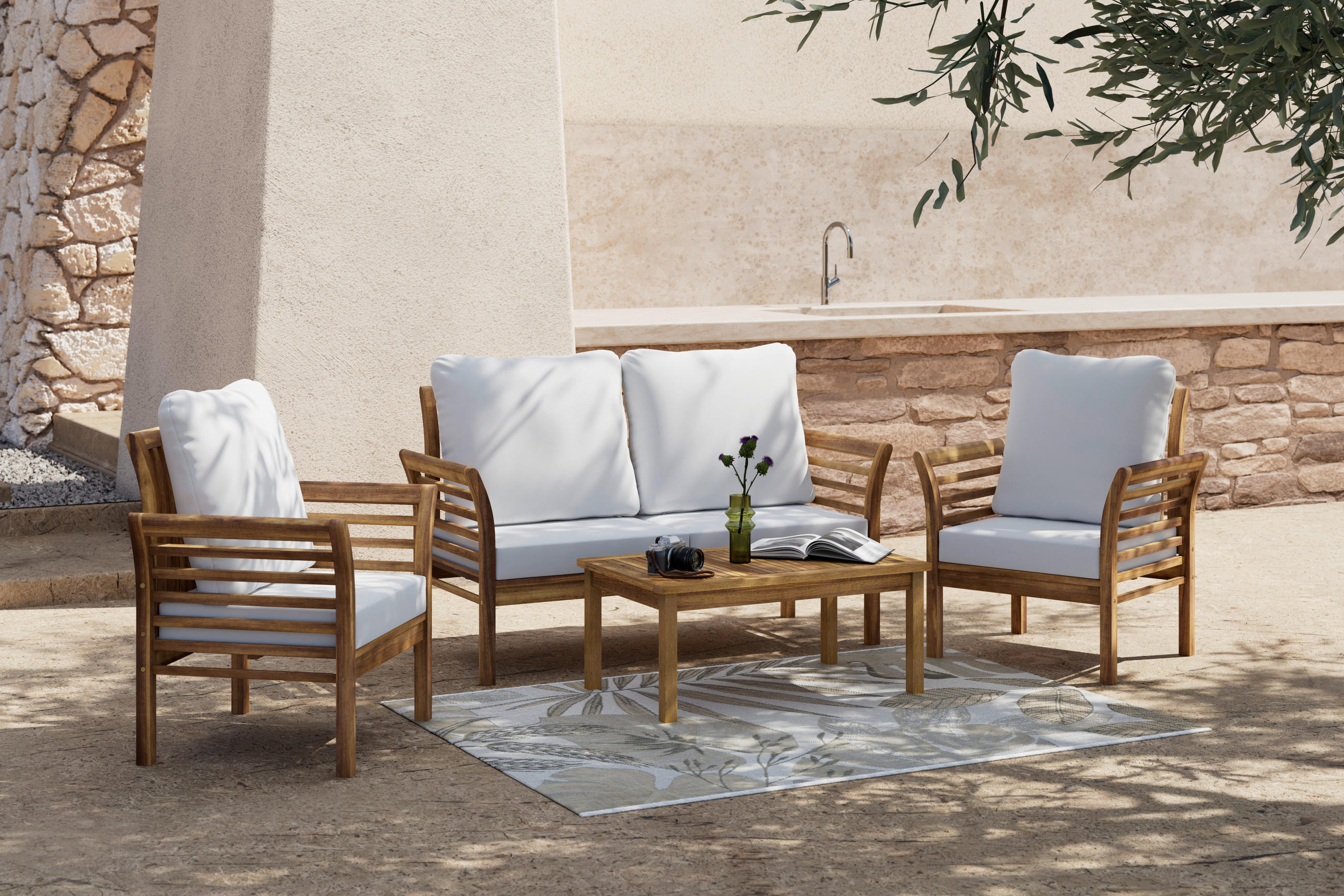 GARTENSET Akazie vollmassiv  - Ecru/Naturfarben, MODERN, Holz/Textil (80/50/35cm) - Ambia Garden